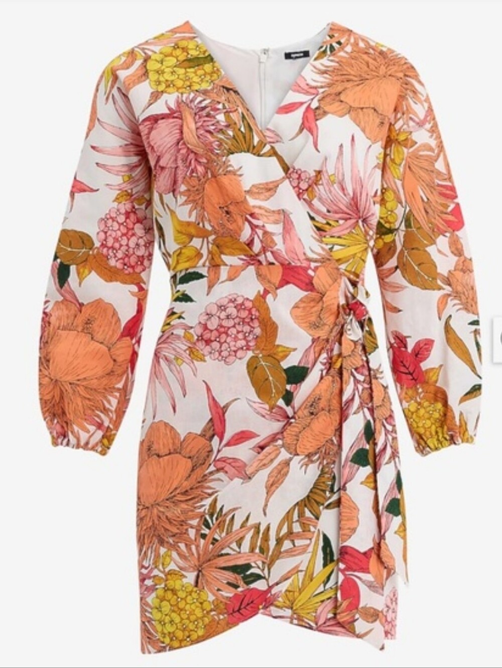 Express White Floral Wrap Dress with Orange, Pink and Green Accents